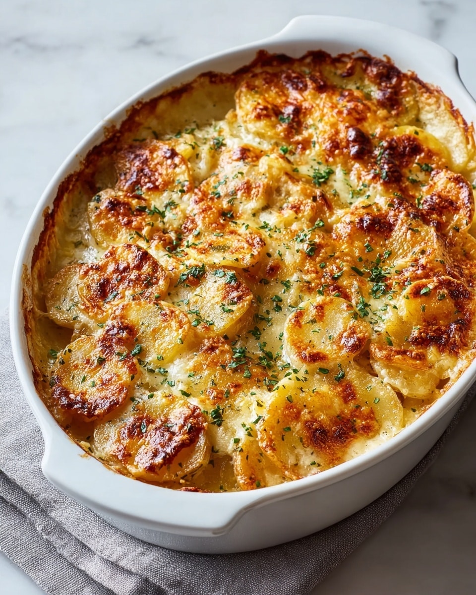 Oval white ceramic baking dish filled with a golden-brown gratin dauphinois, layered with tender, thin slices of potatoes baked in creamy sauce, topped with melted, bubbly cheese lightly browned on top, sprinkled with finely chopped fresh herbs, entire dish shown from a 3/4 angle on a white marble countertop with a soft grey linen beneath, illuminated by natural light, styled as a professional food hero shot photo taken with an iphone --ar 4:5 --v 7