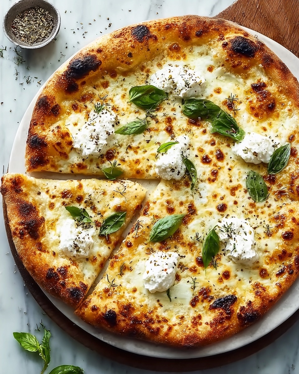 Whole white pizza on a white round plate, featuring a perfectly golden bubbly crust with slight charred spots, topped with melted mozzarella cheese, dollops of fresh ricotta, scattered whole basil leaves, and a light sprinkle of cracked black pepper, presented on a white marble countertop with natural lighting in a professional food magazine style, photographed from a 3/4 angle to showcase the entire uncut pizza --ar 4:5 --v 7