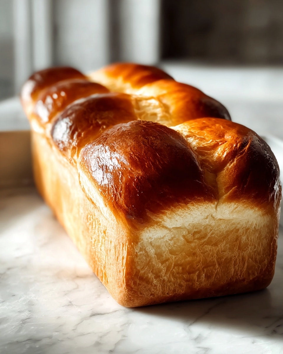 Loaf of fluffy, golden-brown brioche bread in a white rectangular baking pan, showing the entire freshly baked loaf with its glossy, perfectly risen domed top and soft, airy crumb texture visible beneath the shiny crust, presented on a white marble countertop with natural morning light highlighting the warm tones, professional food magazine hero shot photo taken with an iphone --ar 4:5 --v 7