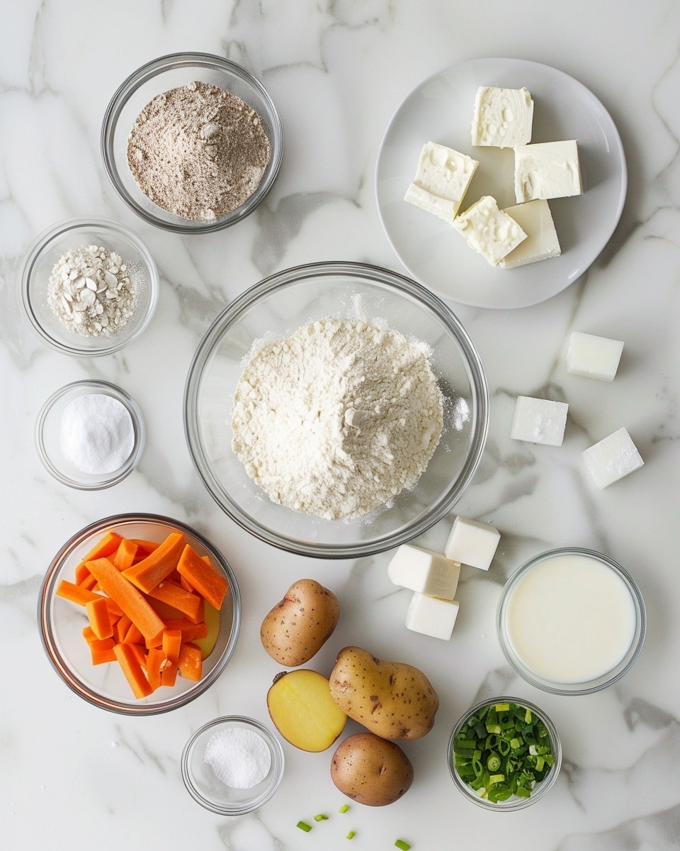 A single white plate with one golden, deep-fried bun sliced open to reveal a close-up view of savory filling made of tender diced potatoes, chickpeas, and carrots, showcasing the soft, fluffy interior layers of dough and the rich texture of the vegetable filling inside, natural light highlighting the crisp sesame-seed coated exterior, subtle crumbs scattered around plate on a white marble surface, intimate styled food blog serving, photo taken with an iphone --ar 4:5 --v 7