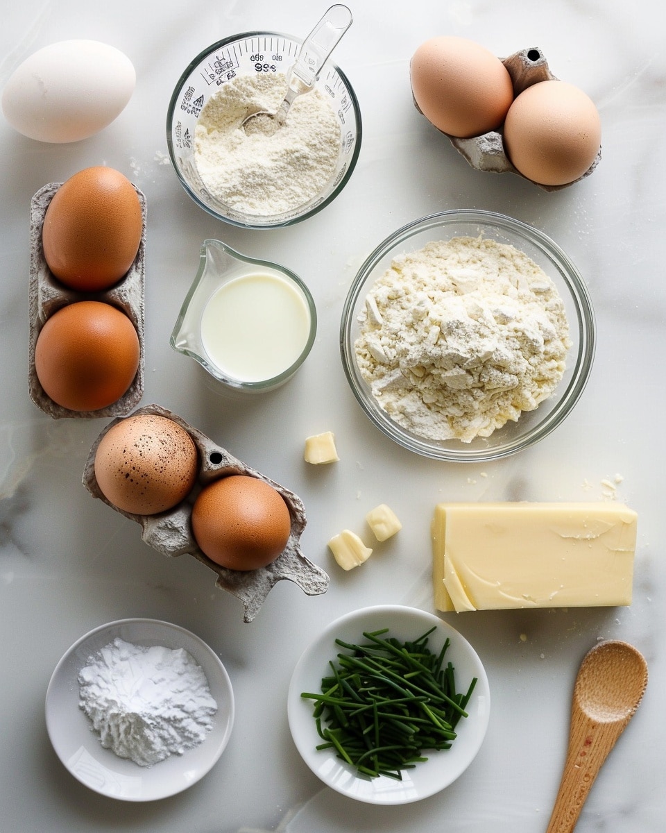 Single white plate holding a close-up view of one golden brown popover filled with a smooth, creamy herbed sauce topped with chopped fresh chives and a small basil leaf, showing the airy, fluffy interior texture peeking through the slightly crisp edges, natural lighting highlighting the warm tones, plated on a white marble surface with a few scattered green herbs for garnish, styled as a ready-to-eat single serving, photo taken with an iphone --ar 4:5 --v 7