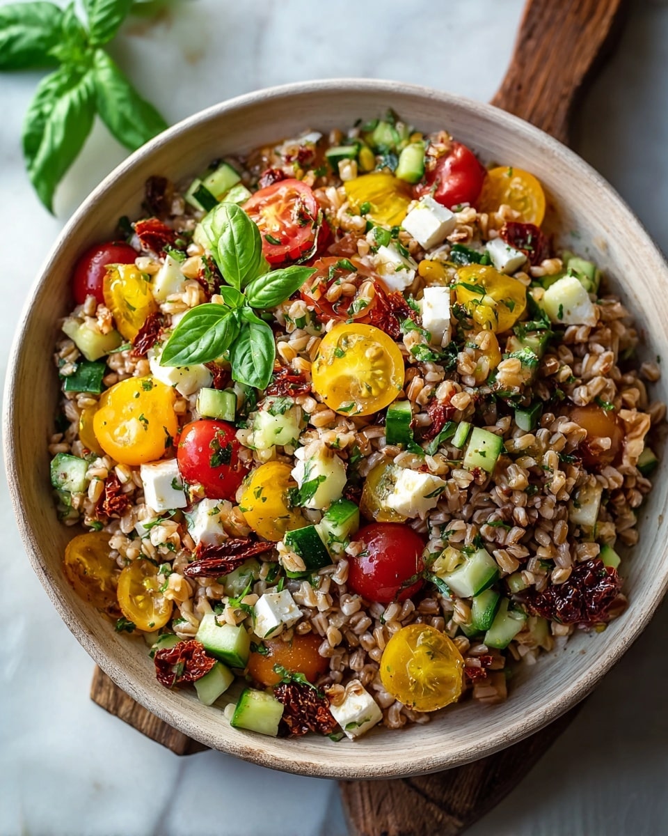 Large white serving bowl filled with a vibrant farro salad featuring a colorful mix of cherry tomatoes in red and yellow, fresh cucumber chunks, sun-dried tomatoes, cubed white cheese, and scattered fresh basil leaves, all tossed together with a light herb vinaigrette, garnished with whole green basil sprigs, photographed at a 3/4 angle on a white marble countertop, bathed in natural light, styled as a professional food magazine hero shot, photo taken with an iphone --ar 4:5 --v 7