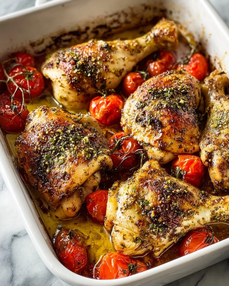 Large white rectangular baking dish filled with whole roasted chicken thighs and drumsticks, seasoned with a vibrant herb and spice marinade, glistening with golden roasted juices, surrounded by halved cherry tomatoes that are slightly blistered, capturing a rich and savory dinner presentation, photographed from a 3/4 angle on a white marble countertop with natural light, professional food magazine hero shot, photo taken with an iphone --ar 4:5 --v 7