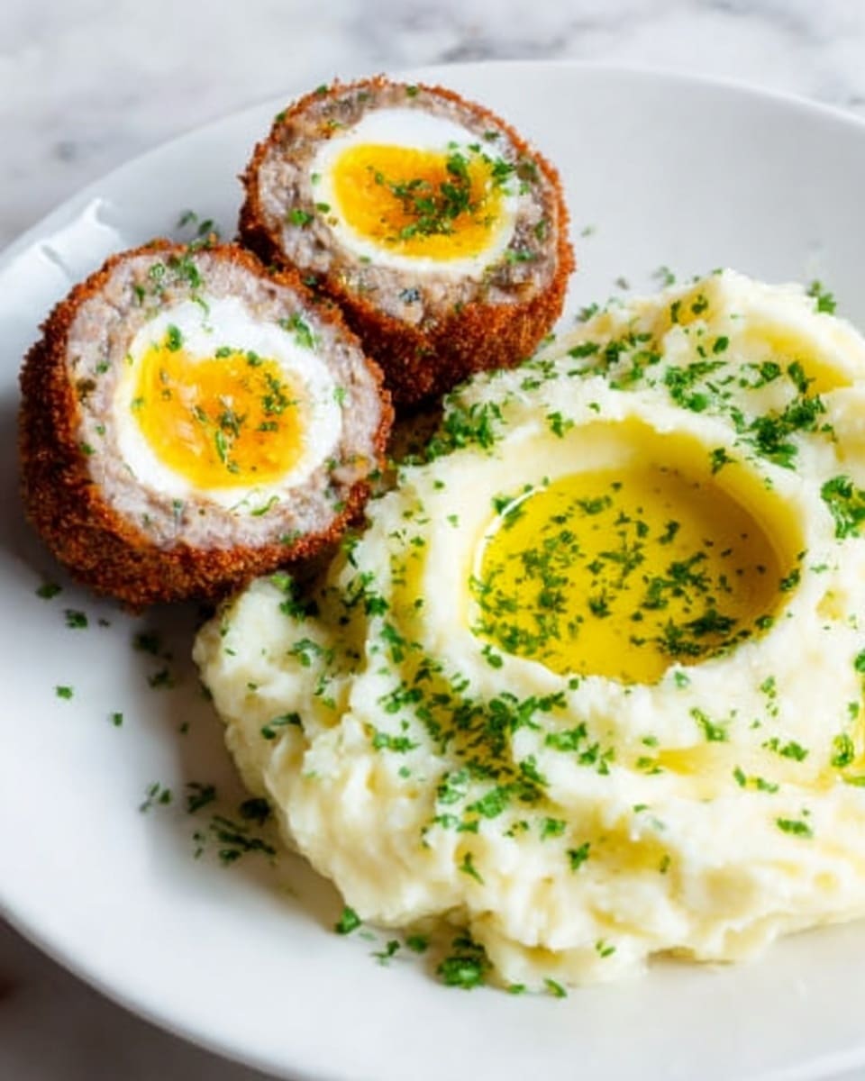 A large white round plate with two whole, uncut Scotch eggs arranged beside a generous mound of creamy mashed potatoes garnished lightly with finely chopped parsley. The Scotch eggs display a perfectly crumbed and golden-brown exterior, enclosing the whole boiled eggs with bright yellow yolks in the center. The mashed potatoes have a smooth texture with a well in the middle filled with melted butter, sprinkled with fresh chopped herbs. The entire scene is shot from a 3/4 angle on a pristine white marble countertop under soft, natural lighting, creating a polished and appetizing hero food magazine presentation. Photo taken with an iphone --ar 4:5 --v 7
