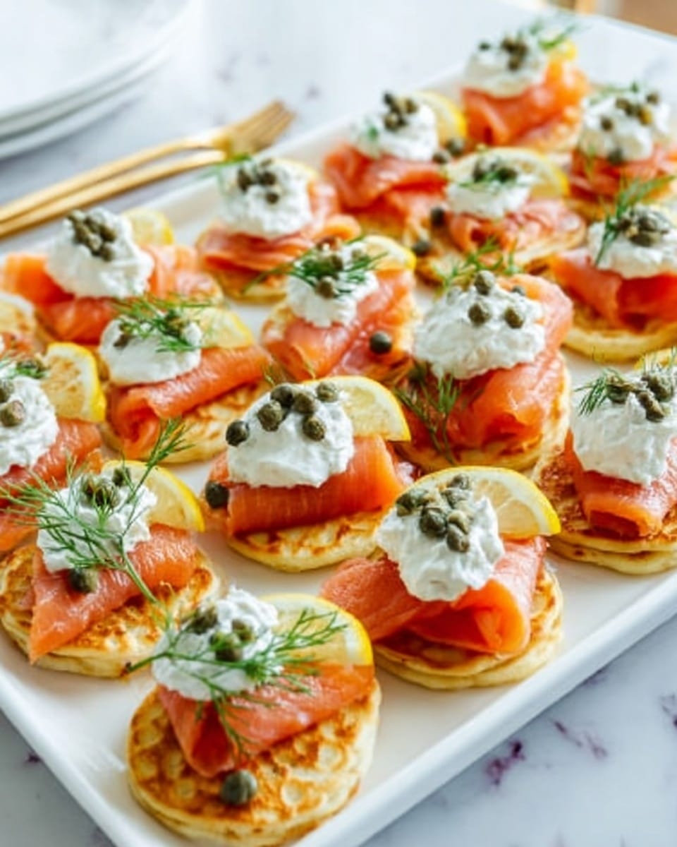 Large white rectangular platter showcasing an array of elegant smoked salmon blinis, each topped with a dollop of creamy white crème fraîche, garnished with delicate sprigs of fresh dill, thin lemon wedges placed artfully along the edges, scattered capers adding texture and color contrast, presented in neat rows to emphasize abundance and refinement, captured in a professional 3/4 angle shot on a white marble countertop with natural lighting, creating a vibrant and appetizing hero food magazine style image, photo taken with an iphone --ar 4:5 --v 7