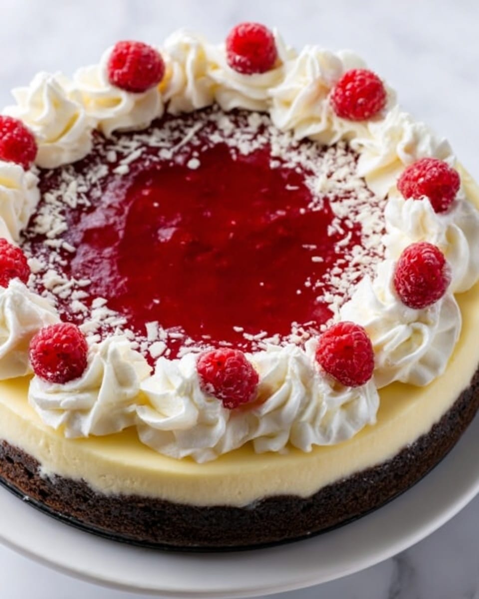 Whole round cheesecake on a white plate, featuring a smooth glossy red raspberry topping in the center, surrounded by an evenly spread layer of creamy white cheesecake. The outer edge is decorated with swirls of whipped cream, each topped with a fresh red raspberry, sitting on a firm chocolate cookie crust. The entire cheesecake is presented in a professional 3/4 angle shot on a white marble background with natural lighting, capturing the full size and intricate details of the dessert. Photo taken with an iphone --ar 4:5 --v 7