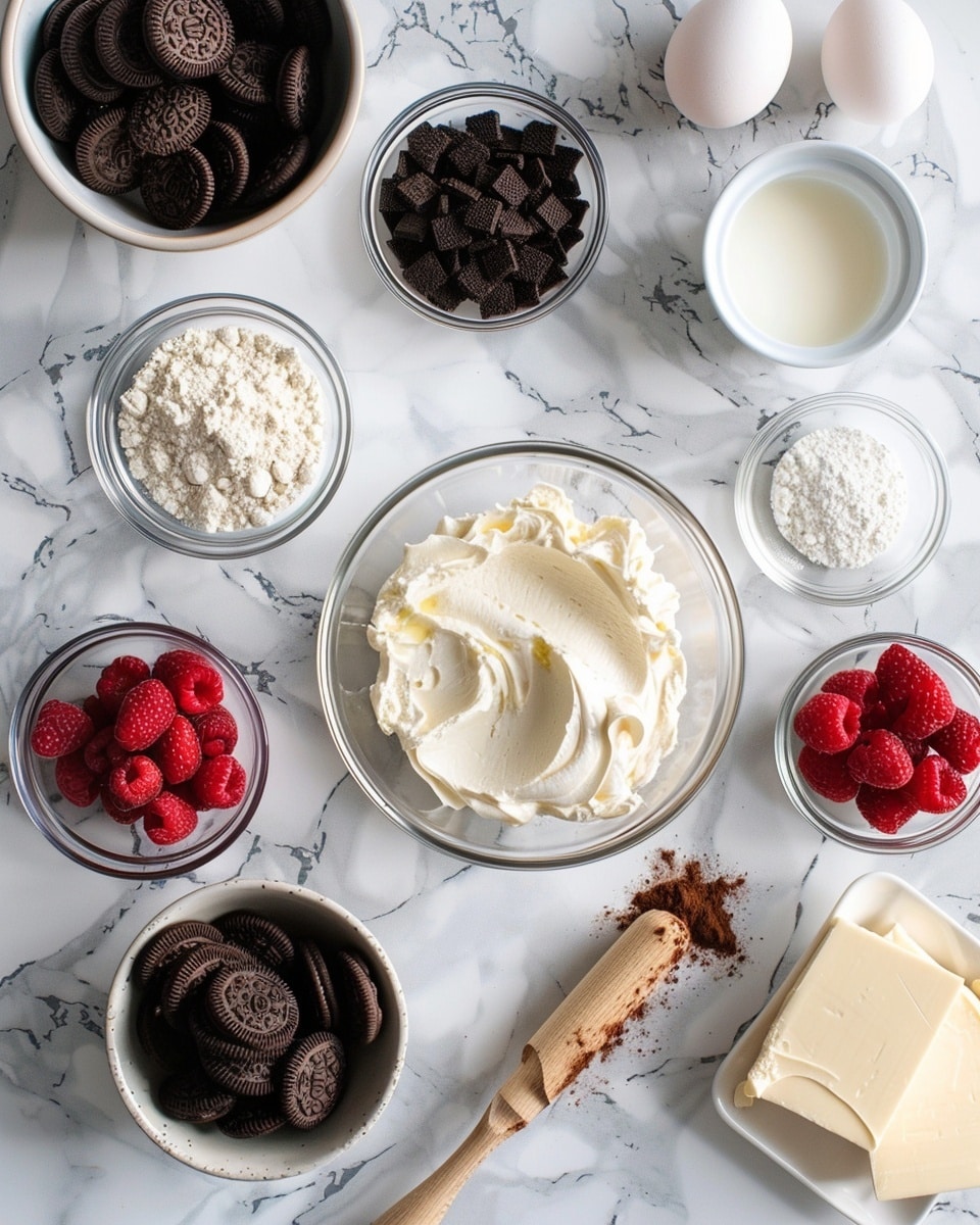 A single slice of decadent raspberry cheesecake on a pristine white plate, revealing creamy, smooth layers of rich cheesecake with a thick chocolate cookie crust at the base. The top layer is glossy raspberry sauce with fresh whole raspberries nestled in dollops of whipped cream around the edge. The cross-section highlights the contrast between the silky cheesecake, the vibrant fruity topping, and the dense crumbly base, styled with natural light on a white marble surface, intimate food blog style. Photo taken with an iphone --ar 4:5 --v 7