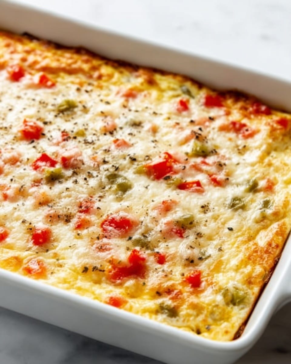 A full rectangular white ceramic baking dish filled with a freshly baked, golden and bubbly cheesy casserole topped with diced red and green bell peppers and sprinkled with black pepper, showcasing melty cheese evenly spread across the entire surface with slightly browned edges, photographed from a 3/4 angle on a white marble countertop under natural lighting, styled as a vibrant professional food magazine hero shot, photo taken with an iphone --ar 4:5 --v 7