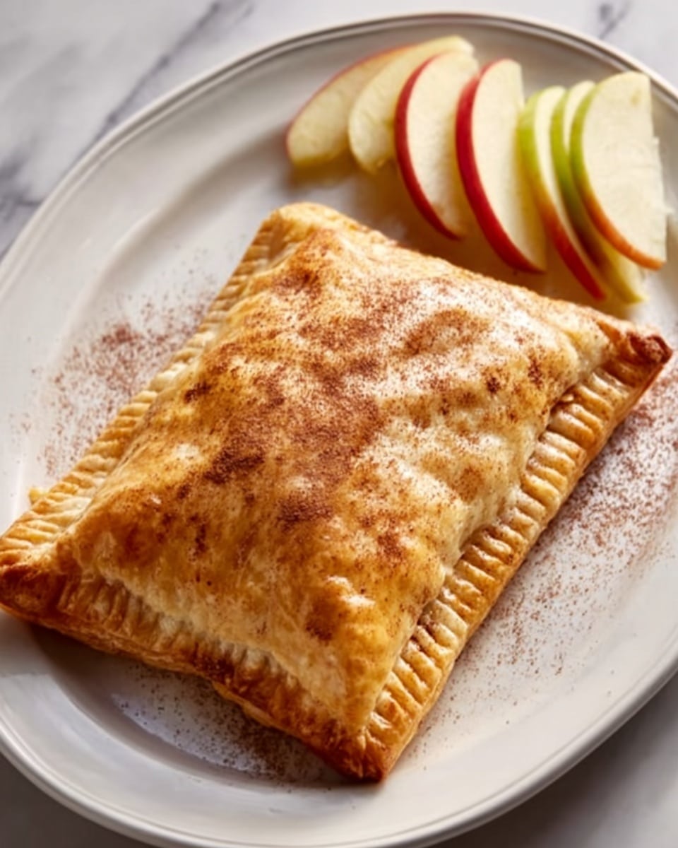 Large white oval plate holding a full rectangular apple turnover pastry with a perfectly golden, flaky crust sprinkled lightly with cinnamon powder, served alongside thinly sliced fresh apple wedges arranged neatly, shot from a 3/4 angle on a white marble surface under natural lighting, styled like a hero food magazine photo taken with an iphone --ar 4:5 --v 7
