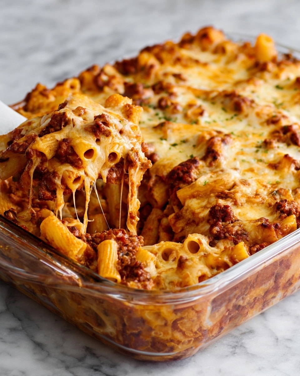 Large white rectangular baking dish filled with a hearty baked pasta casserole, packed with tubular pasta generously layered in rich tomato sauce mixed with ground meat and melted golden cheese on top, the entire dish perfectly browned and bubbling at the edges, with strands of stretchy melted cheese visible across the surface, photographed from a 3/4 angle on a white marble background, styled with natural lighting to capture the warm, inviting textures, professional food magazine hero shot, photo taken with an iphone --ar 4:5 --v 7