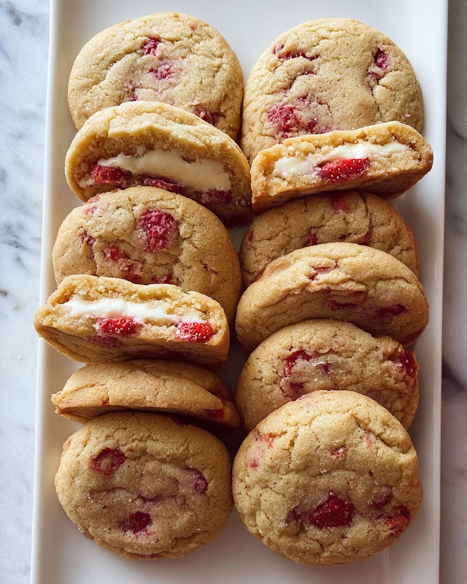 White rectangular serving platter filled with a full batch of freshly baked strawberry cream cheese stuffed cookies, arranged neatly in rows with golden-brown cookie tops studded with vibrant red strawberry pieces, showcasing plump, soft textures and creamy filling inside each cookie, photographed from a 3/4 angle on a white marble countertop with natural lighting, styled like a hero shot from a food magazine, whole batch presentation photo taken with an iphone --ar 4:5 --v 7