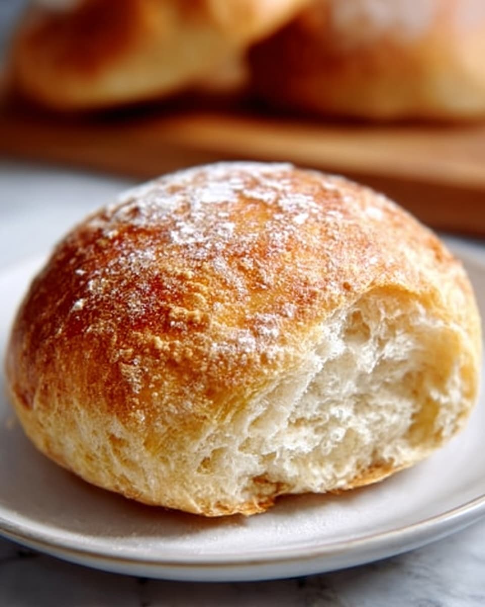 A white ceramic plate holding four perfectly round rustic bread rolls with golden-brown crusts, lightly dusted with flour, arranged closely together on a white marble countertop, natural light highlighting the texture and airy crumb visible beneath the crust, professional food styling with an emphasis on the whole, fresh baked bread, photo taken with an iphone --ar 4:5 --v 7