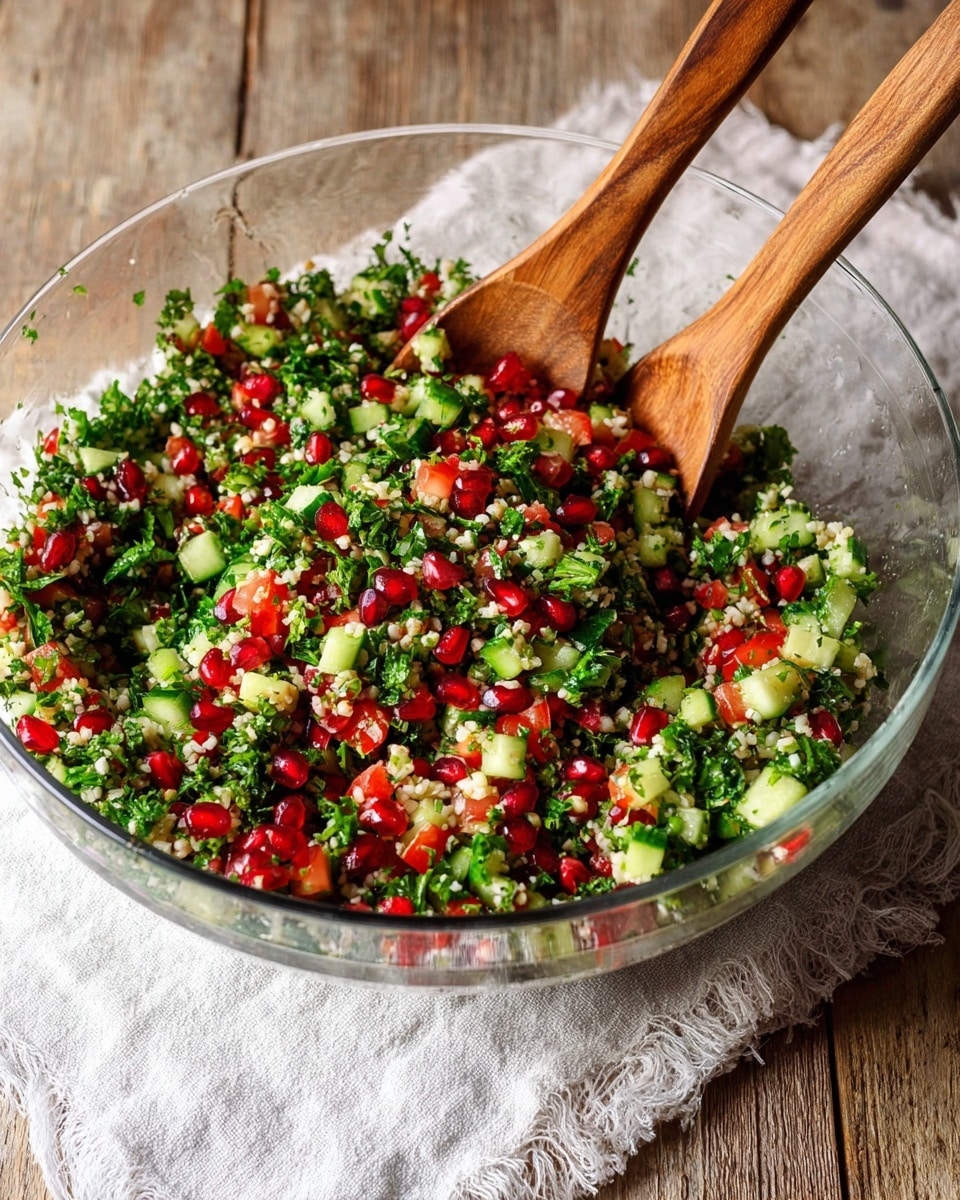 Large white glass bowl filled with a vibrant tabbouleh salad featuring finely chopped parsley, mint, diced cucumbers, tomatoes, bulgur wheat, and scattered ruby red pomegranate seeds, all tossed together with a light dressing, two wooden salad spoons resting inside, presented on a rustic wooden table surface with a soft cloth in the background, captured from a slightly elevated 3/4 angle showing the entire bowl on a white marble background, natural lighting enhancing the fresh colors, professional food magazine hero shot photo taken with an iphone --ar 4:5 --v 7