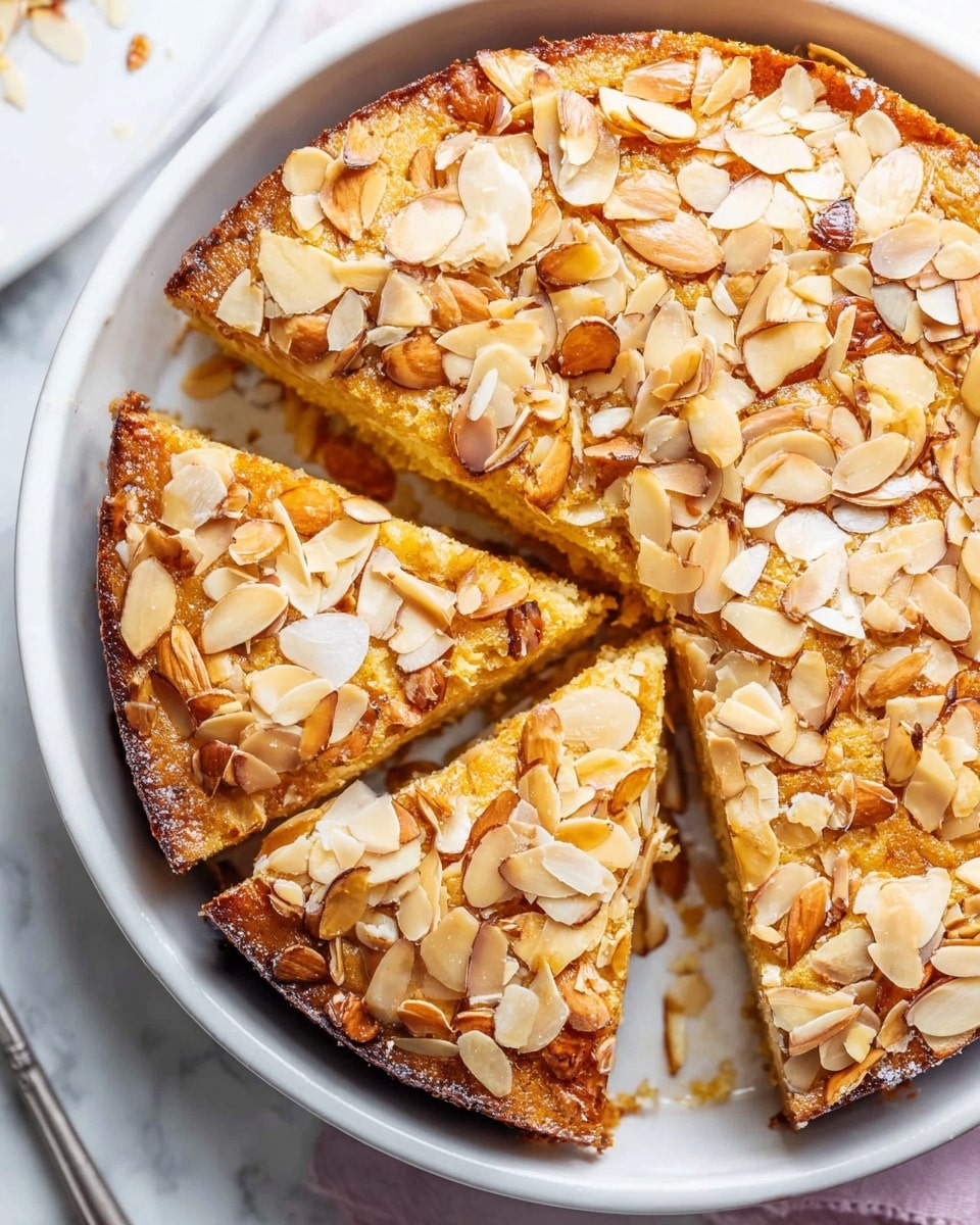 Round whole almond cake in a white ceramic dish, topped generously with toasted almond slices that cover the entire surface, the cake golden brown with a slightly glossy finish emphasizing its moist texture, presented as a complete uncut cake, photographed at a 3/4 angle on a white marble countertop with natural lighting, styled as a professional food magazine hero shot photo taken with an iphone --ar 4:5 --v 7