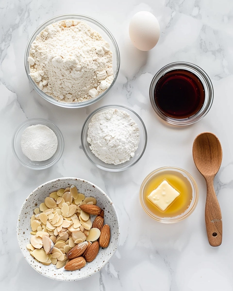 Single slice of almond cake topped with a generous layer of toasted almond flakes, showing a golden-brown crust and moist, tender crumb inside, angled close-up view highlighting texture and nutty topping, served on a clean white plate placed on white marble surface, natural soft lighting emphasizing the cake's warmth, styled as a delicate plated serving from a food blog, photo taken with an iphone --ar 4:5 --v 7
