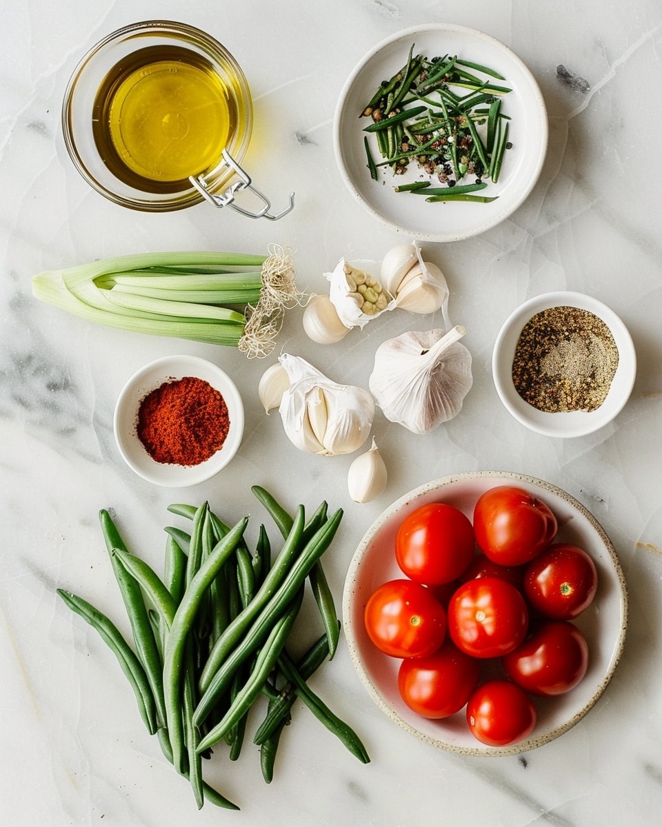 Single white bowl with a close-up portion of steamed brown rice topped with tender green beans cooked in a rich tomato and garlic sauce, the sauce coats the vegetables showing vibrant red tomato chunks and glistening green beans, subtle seasoning with cracked black pepper visible, all placed on a white marble surface with natural lighting, styled as an intimate, ready-to-eat single serving photo taken with an iphone --ar 4:5 --v 7