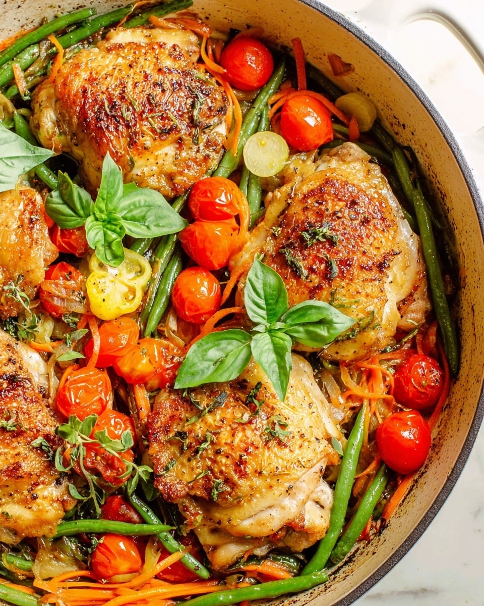 Large white cast iron skillet filled with whole golden-brown roasted chicken thighs nestled among vibrant green beans, whole cherry tomatoes, and julienned carrots, garnished with fresh basil leaves and a sprinkling of herbs and cracked black pepper, the entire dish captured from a 3/4 angle on a white marble countertop with natural lighting, styled like a hero shot from a food magazine, photo taken with an iphone --ar 4:5 --v 7
