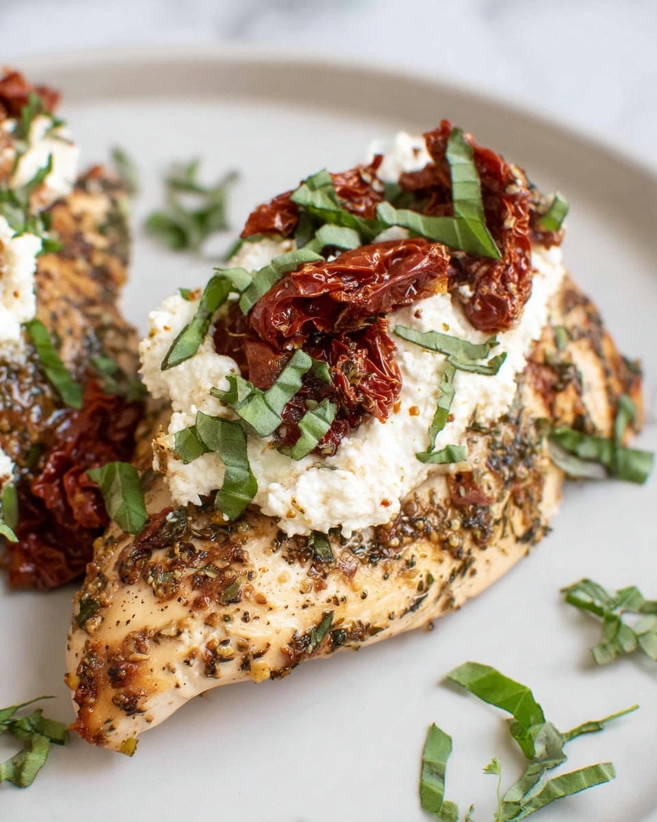 Large white platter showcasing grilled herb-seasoned chicken breasts topped with dollops of creamy ricotta cheese, sun-dried tomatoes, and scattered fresh basil leaves, with multiple breast pieces arranged neatly to highlight vibrant colors and textures, photographed from a professional 3/4 angle on a white marble surface with natural lighting, styled like a food magazine hero shot, photo taken with an iphone --ar 4:5 --v 7