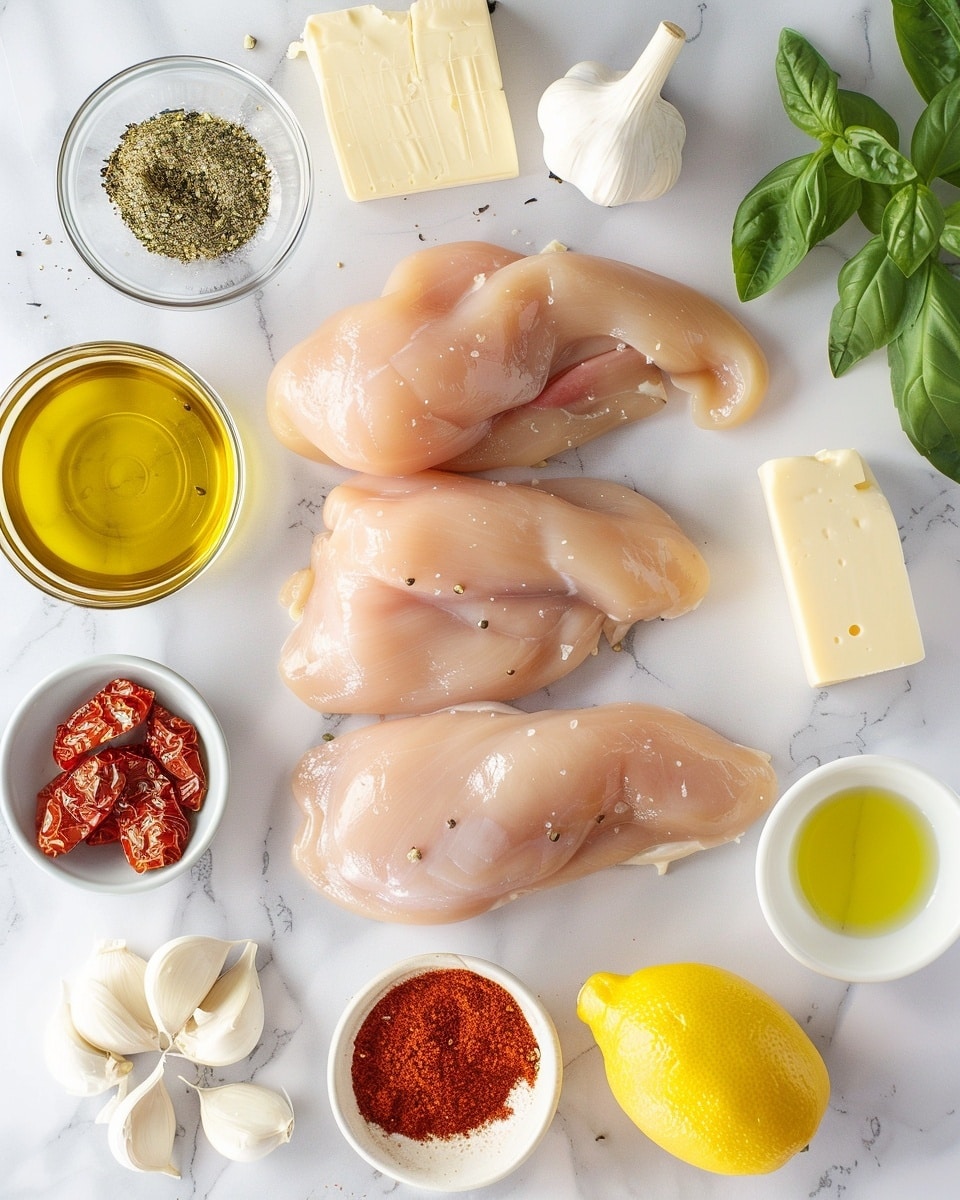 Single white plate holding one herb-seasoned grilled chicken breast topped with a generous dollop of creamy ricotta cheese, sun-dried tomatoes layered over the cheese, and fresh torn basil leaves scattered for garnish, close-up angled shot highlighting the speckled herb crust and moist texture of the chicken, with the vibrant reds and greens contrasting against the neutral plate, set on a white marble surface under natural lighting, styled as an elegant individual serving food blog photo taken with an iphone --ar 4:5 --v 7