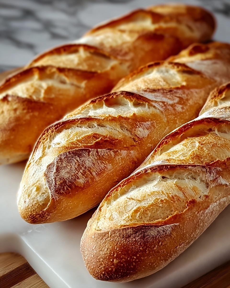 Three whole golden baguettes with perfectly crisp crusts and artisanal scoring, arranged side by side on a large white rectangular platter, showcasing their rustic texture and airy crumb beneath the glossy, golden-brown crusts, photographed from a 3/4 angle on a white marble countertop with natural lighting, professional food styling photo taken with an iphone --ar 4:5 --v 7