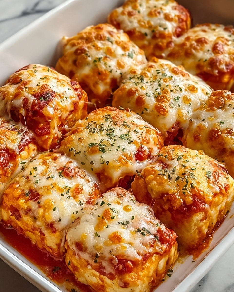Large white rectangular baking dish filled with a full batch of golden, square-shaped pizza rolls, each topped with melted bubbly mozzarella cheese and sprinkled with finely chopped herbs, the rich tomato sauce peeking through under the cheese, the entire dish perfectly baked and presented from a 3/4 angle on a white marble background, natural daylight emphasizing the crispy edges and gooey cheese, professional food styling photo taken with an iphone --ar 4:5 --v 7
