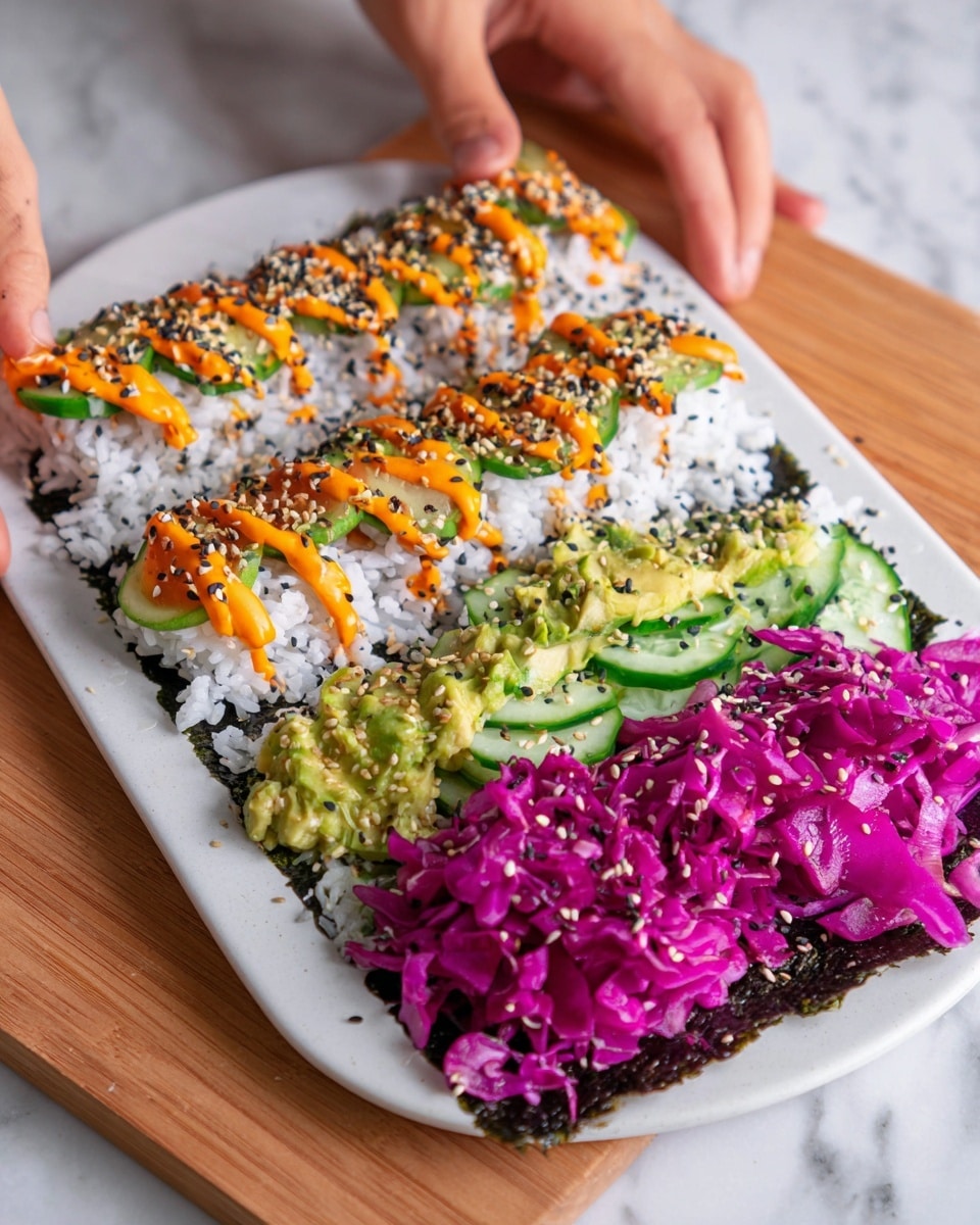 Large white rectangular platter showcasing a complete nori sheet topped with an even layer of white sushi rice drizzled with vibrant orange spicy mayo, bright green avocado mixture spread smoothly on one side, thinly sliced cucumber arranged neatly, and a generous pile of vivid purple pickled cabbage, all sprinkled with black sesame seeds, whole sushi roll assembled but uncut, photographed from a 3/4 angle on a white marble surface with natural lighting, professional food styling photo taken with an iphone --ar 4:5 --v 7