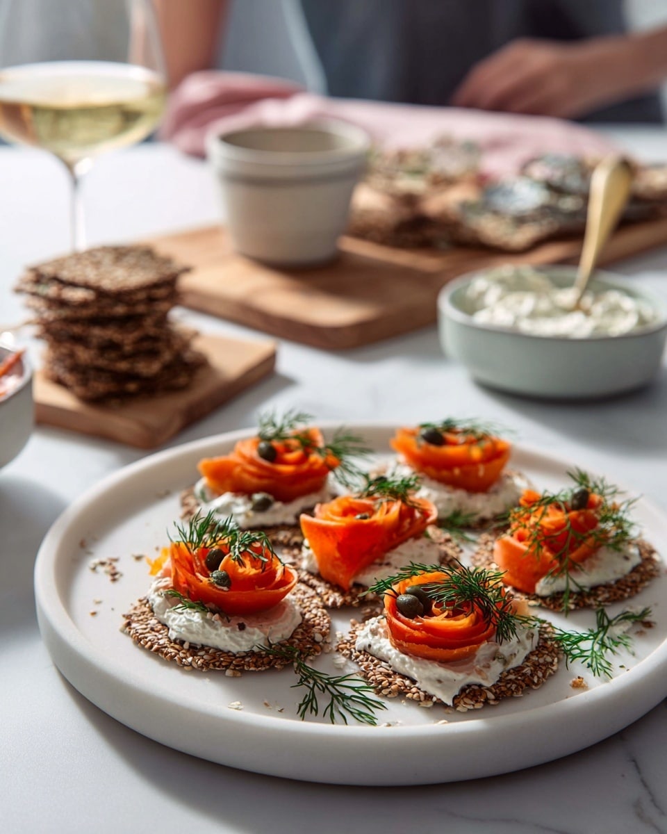 Large white round platter featuring multiple seed crackers topped with creamy spread, rolled strips of spiced carrot resembling smoked salmon, garnished with fresh dill and capers, whole seed crackers stacked on a wooden board in the background, accompanied by bowls of extra spread and carrot strips, bright natural light on white marble countertop, professional food styling, food magazine hero shot photo taken with an iphone --ar 4:5 --v 7