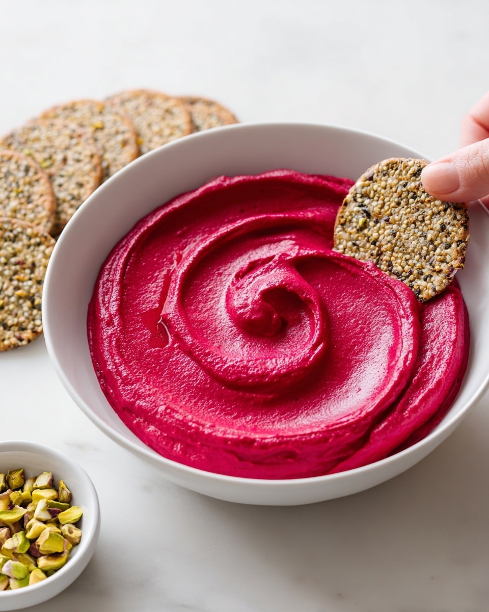 A large white bowl filled with vibrant, smooth, and creamy beet hummus swirled elegantly on top, showcasing its rich deep pink color, presented alongside a neatly arranged array of whole seeded crackers on a clean white marble surface, accompanied by a small white dish of chopped pistachios for garnish, captured in natural light with a professional 3/4 angle food magazine style photo taken with an iphone --ar 4:5 --v 7