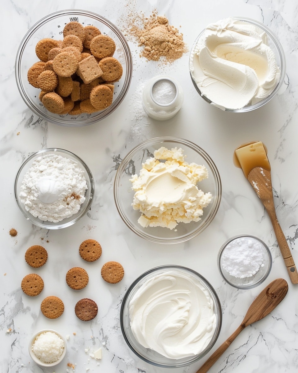 Single white plate with one slice of mini layered cheesecake showing a creamy, smooth interior with a dense cookie crumb base, topped with a thick layer of glossy caramel sauce dripping slightly down the sides, crowned by a swirl of whipped cream sprinkled with cookie crumbs and a whole spiced cookie nestled delicately on one side, close-up angle revealing rich textures and layers, natural lighting on white marble background, intimate styled food blog serving photo taken with an iphone --ar 4:5 --v 7