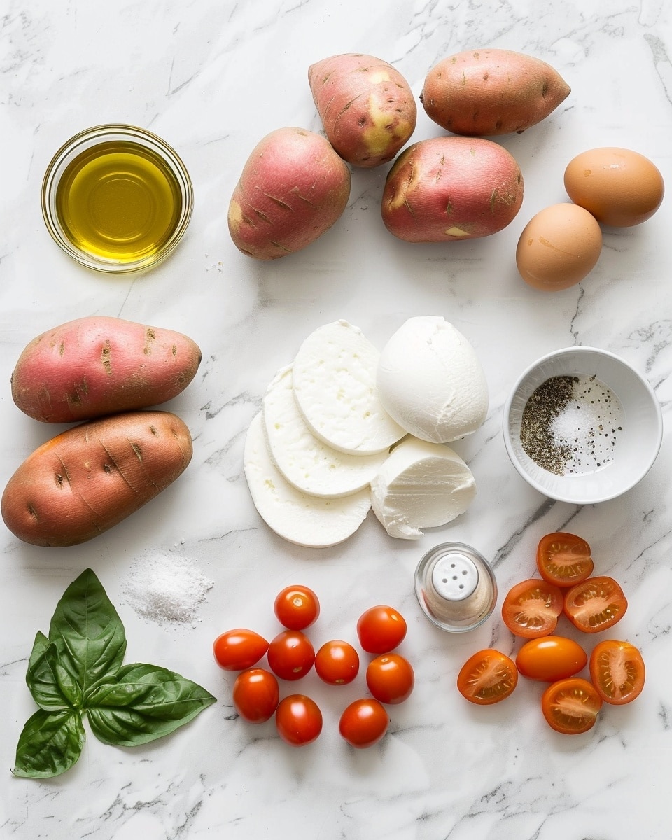 Single white plate holding one neatly formed nest of spiralized sweet potato, topped with a round slice of fresh mozzarella, halved cherry tomatoes, and small fresh basil leaves, drizzled with a glossy balsamic reduction that pools slightly on the plate edge, close-up angled shot emphasizing the texture of the tender sweet potato strands and the creamy mozzarella layer, natural light highlighting the vibrant red tomatoes and green basil, set on white marble surface, intimate plated serving photo taken with an iphone --ar 4:5 --v 7