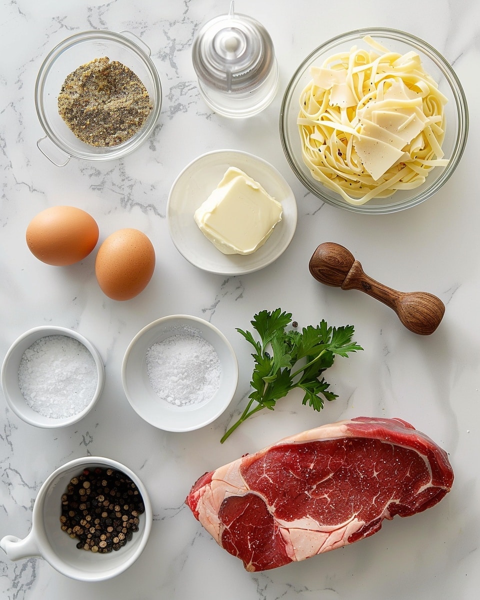 Single white plate with a generous portion of creamy fettuccine Alfredo topped with several slices of medium-rare steak, showcasing the tender pink interior of the beef, the rich and smooth alfredo sauce coating the perfectly cooked pasta ribbons, sprinkled with freshly grated Parmesan cheese and finely chopped parsley, natural lighting highlighting the texture and layers of the dish, set on a white marble surface, intimate plated serving photo taken with an iphone --ar 4:5 --v 7