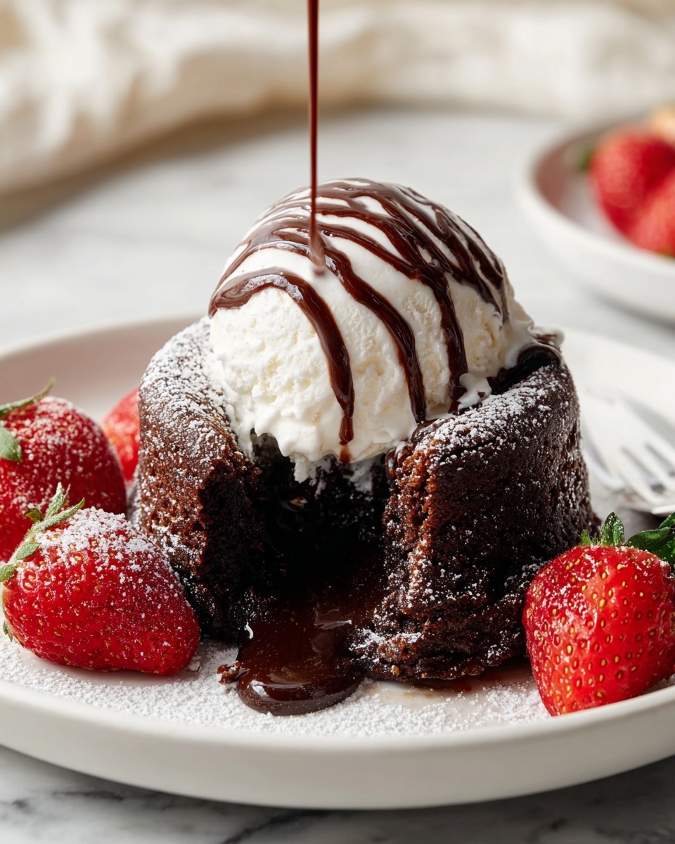 Whole, uncut chocolate lava cake on a white dessert plate, perfectly rounded with a slightly cracked top hinting at its molten center, garnished with a dusting of powdered sugar and fresh whole strawberries arranged beside it, showcasing a smooth scoop of vanilla ice cream on top drizzled elegantly with chocolate sauce, all styled on a white marble background with natural lighting in a professional 3/4 angle hero shot, photo taken with an iphone --ar 4:5 --v 7
