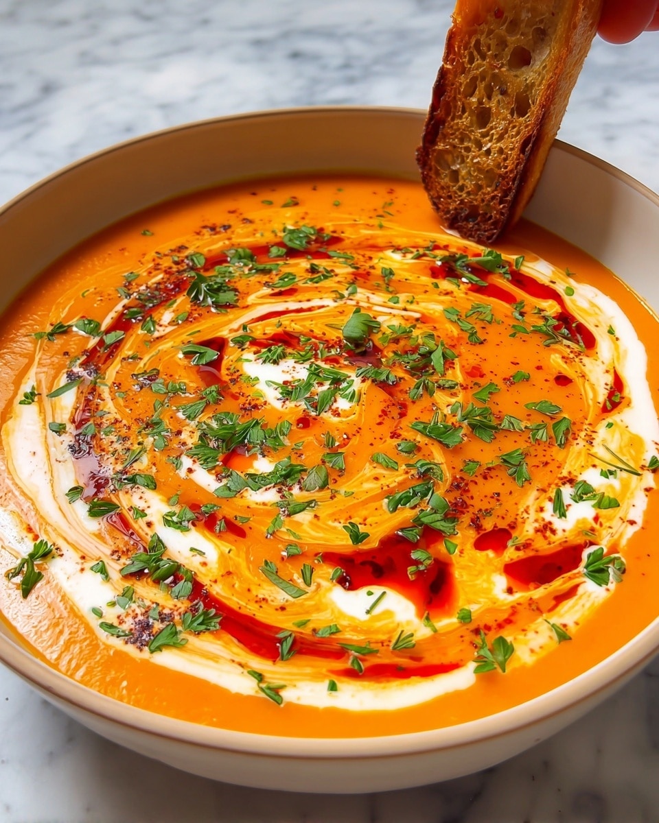 Large white bowl filled with creamy roasted red pepper soup, swirled with rich cream and drizzled with vibrant chili oil, generously garnished with finely chopped fresh parsley, whole dish shown from a 3/4 angle on a white marble countertop, natural lighting enhances the warm orange tones and textures, professional food magazine hero shot, photo taken with an iphone --ar 4:5 --v 7