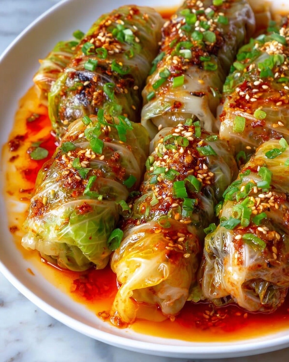 Large white serving platter filled with an array of steamed cabbage rolls tightly wrapped and glistening with a rich, spicy red chili oil sauce, sprinkled generously with toasted sesame seeds and finely chopped fresh green onions, the whole dish arranged beautifully to showcase the translucent cabbage leaves enveloping a savory filling, photographed from a 3/4 angle on a white marble countertop with natural lighting, professional food styling photo taken with an iphone --ar 4:5 --v 7