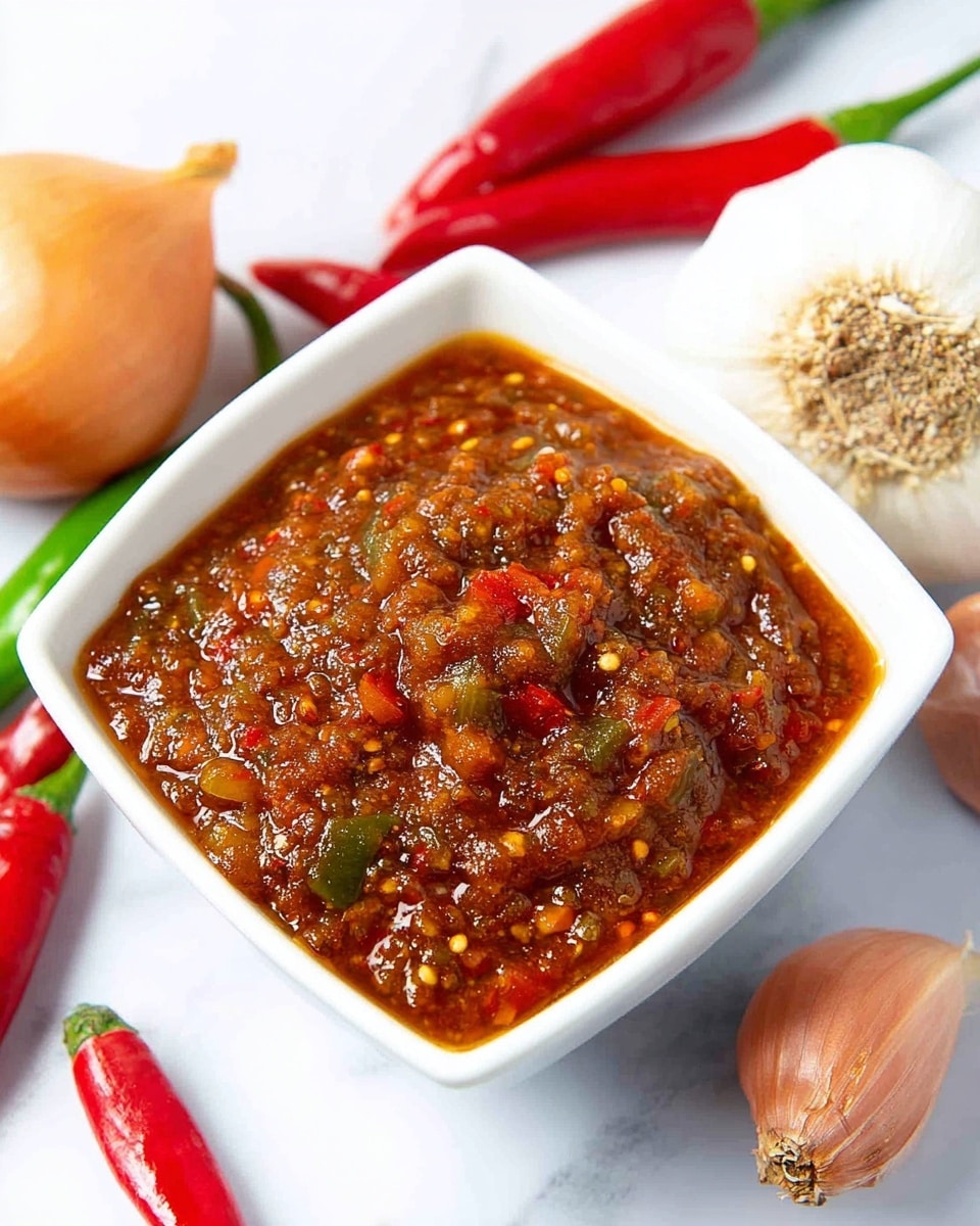 Large white square bowl filled with a rich, chunky homemade chili sauce bursting with visible bits of red and green chili peppers, garlic, and roasted onions, the sauce glossy and textured with seeds and spices, surrounded by whole fresh red and green chili peppers, shallots, and a garlic bulb on a white marble surface, photographed with natural lighting from a 3/4 angle capturing the entire bowl and its vibrant contents, professional food styling photo taken with an iphone --ar 4:5 --v 7
