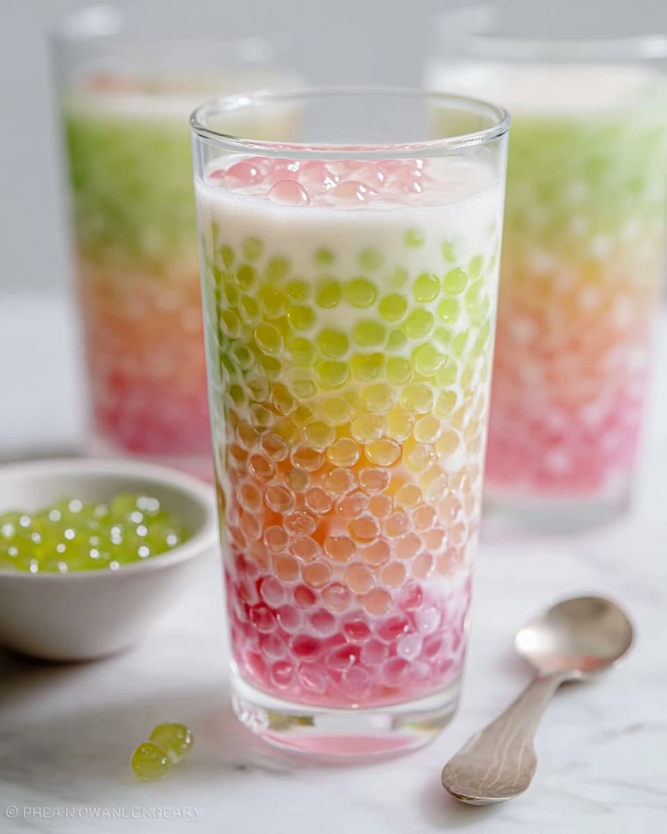 Tall white glass filled with a colorful layered tapioca pearl drink featuring vibrant green, pink, and white pearl colors suspended in a creamy liquid, with multiple identical glasses arranged together on a white marble surface, natural lighting accentuating the translucent texture of the pearls, professional food magazine hero shot photo taken with an iphone --ar 4:5 --v 7