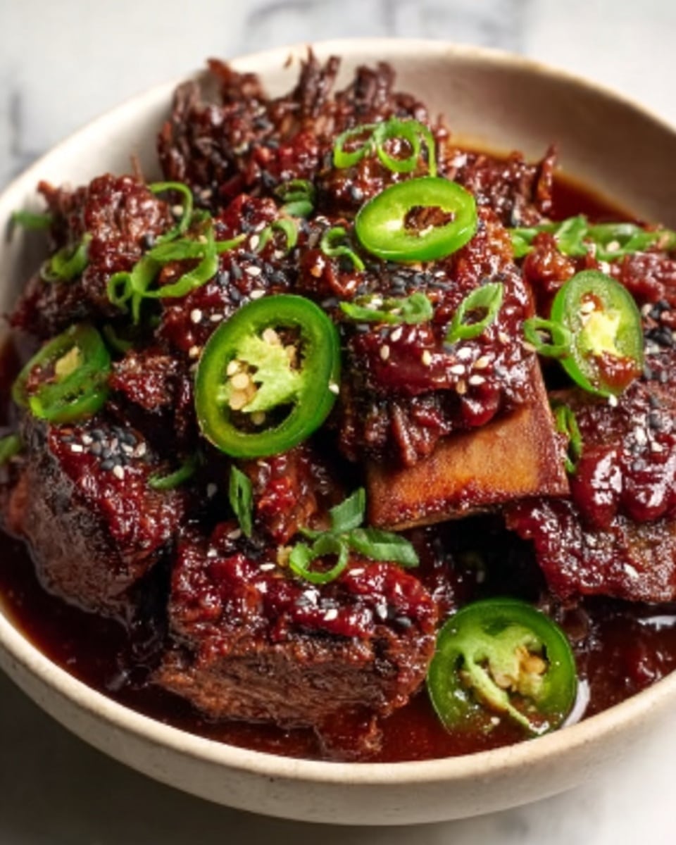 Large white ceramic bowl filled to the brim with tender, succulent beef short ribs generously coated in a rich, glossy, deep reddish-brown barbecue sauce, garnished with thinly sliced fresh green jalapeños and sprinkled with black sesame seeds and chopped green onions, showcasing the whole dish in a professional overhead shot on a white marble background, natural lighting highlighting the glistening sauce and vibrant toppings, styled like a hero shot from a food magazine, photo taken with an iphone --ar 4:5 --v 7