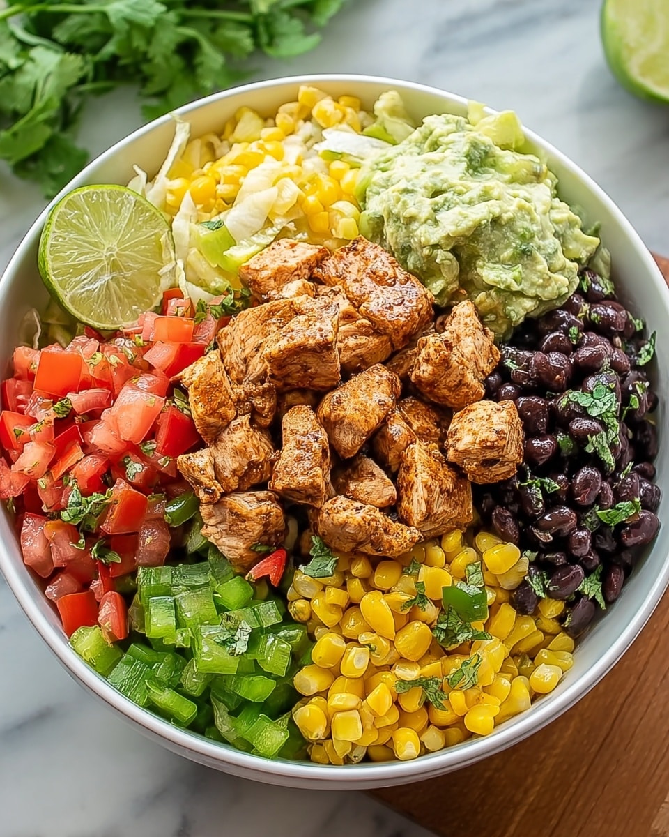 Large white bowl filled with a vibrant chicken burrito bowl featuring a generous serving of seasoned grilled chicken chunks in the center, surrounded by bright yellow corn kernels, black beans mixed with diced red and green bell peppers, fresh diced tomatoes topped with cilantro, and creamy cucumber avocado salad, all arranged in distinct colorful sections, garnished with a whole lime on top, photographed from a 3/4 angle on a white marble background with natural lighting, professional food styling photo taken with an iphone --ar 4:5 --v 7