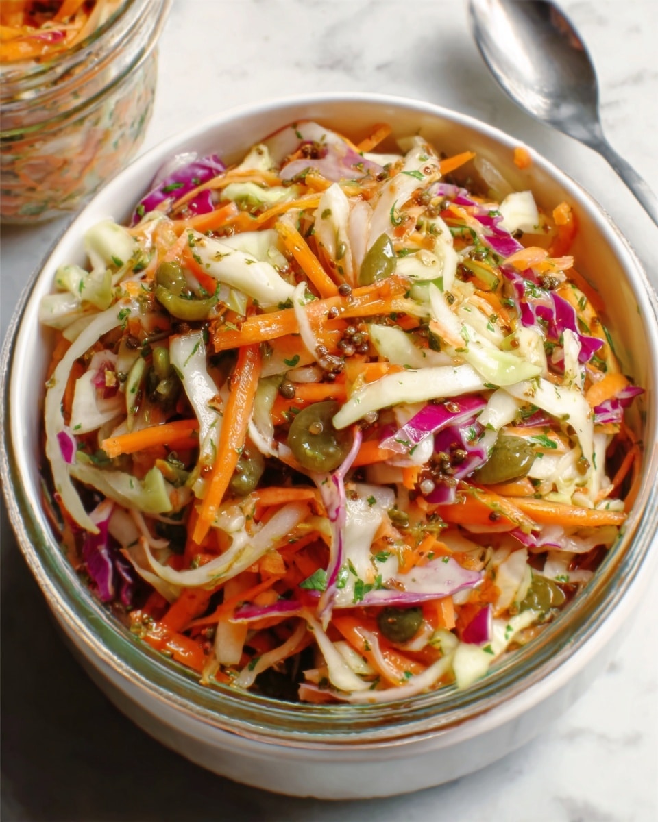 Large white serving bowl filled with vibrant homemade pickled vegetables including shredded carrots, cabbage, and thinly sliced onions, all mixed and seasoned with herbs and spices, showing the full fresh and crunchy salad without any portions taken out, shot from a 3/4 angle on a white marble surface with natural lighting, styled like a hero shot from a food magazine, photo taken with an iphone --ar 4:5 --v 7