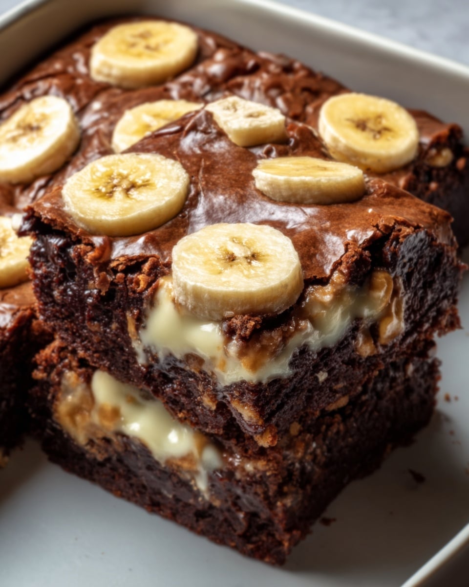 Large white rectangular baking pan filled with a whole batch of rich, fudgy banana brownies, the entire dessert topped with melted, gooey white chocolate pieces and slices of ripe banana evenly distributed across the surface, showcasing a glossy, cracked chocolate crust and a moist, dense interior peeking through, photographed from a 3/4 angle on a white marble background with natural lighting, styled as a hero shot from a food magazine, photo taken with an iphone --ar 4:5 --v 7