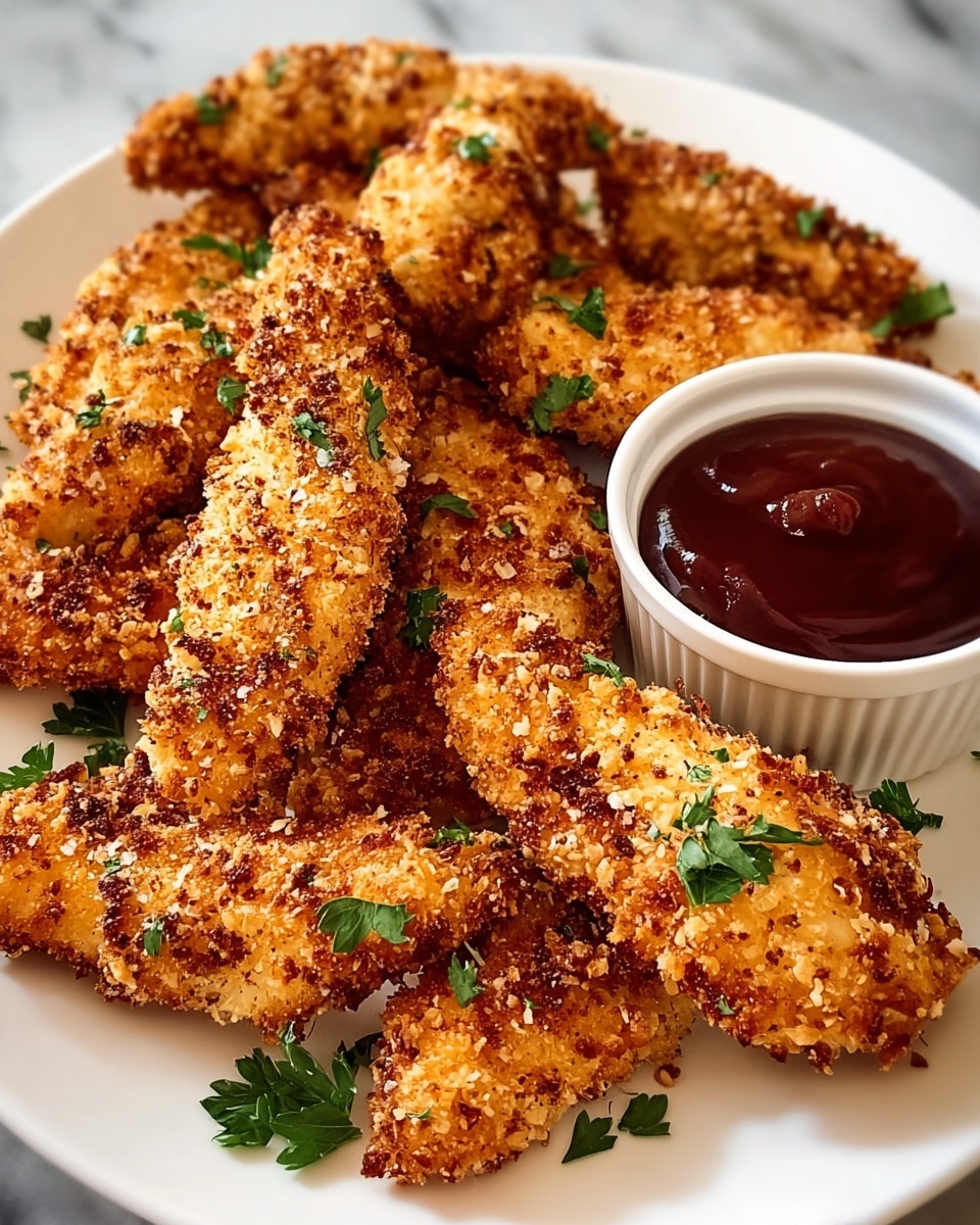 A large white serving platter filled with a generous pile of golden crispy breaded chicken tenders, perfectly crunchy with a breadcrumb and herb coating, garnished with scattered fresh parsley leaves, accompanied by a white ramekin filled with rich, glossy barbecue sauce, whole dish photographed from a 3/4 angle on a white marble countertop under natural lighting, professional food magazine style photo taken with an iphone --ar 4:5 --v 7