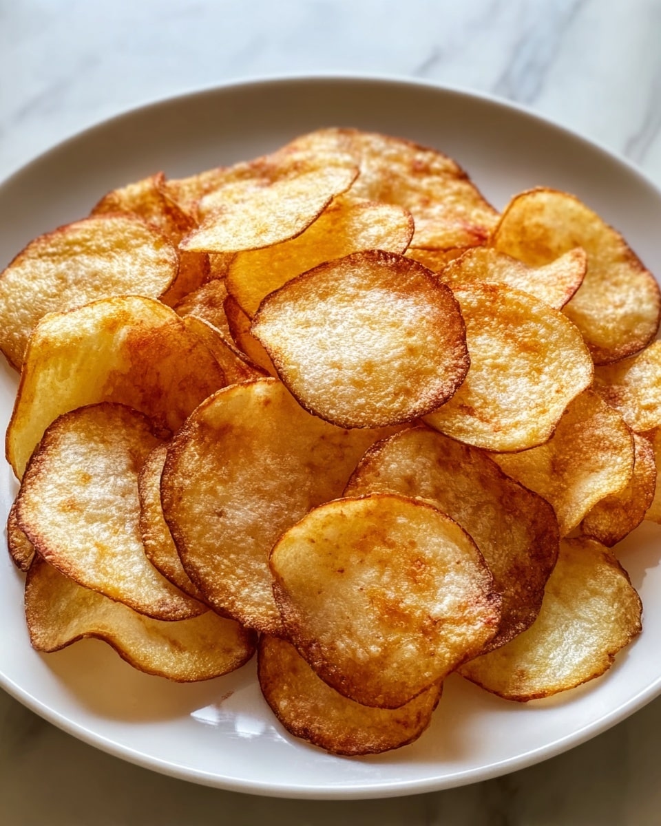 Large white plate heaped with a generous pile of golden, thinly sliced homemade potato chips, perfectly crisp with lightly browned edges that glisten under natural light, arranged to showcase their full round shape and delicate texture, photographed from a close 3/4 angle on a white marble countertop, professional food styling photo taken with an iphone --ar 4:5 --v 7