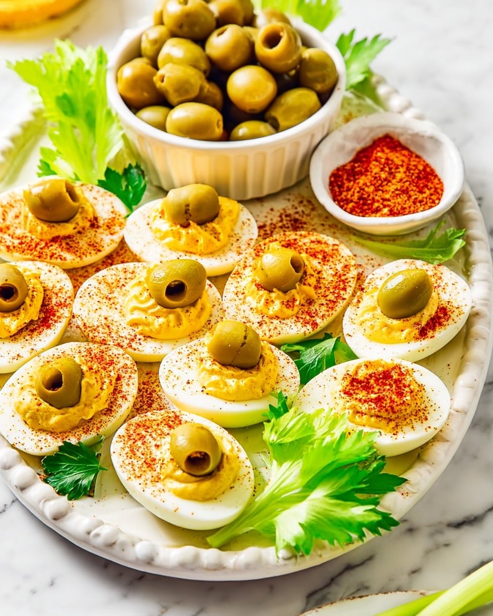 Large white serving platter featuring a complete arrangement of deviled eggs topped with creamy yellow filling, each garnished with a green olive and sprinkled with paprika, accented with fresh celery leaves and whole green olives encircling a white bowl filled with a reddish seasoning, shot from a professional 3/4 angle on a white marble countertop in natural light, styled as a hero food magazine photo taken with an iphone --ar 4:5 --v 7