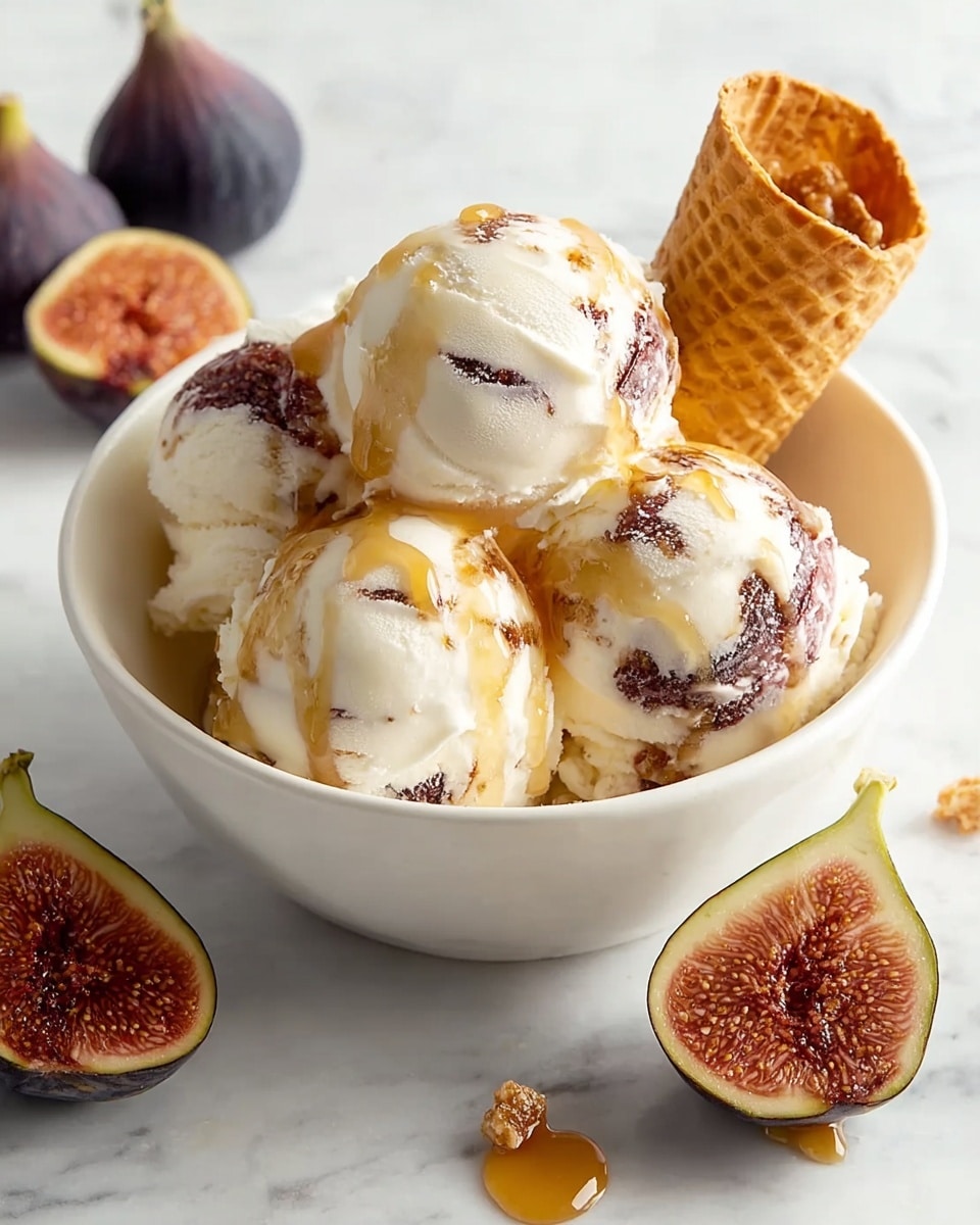 Large white ceramic bowl filled with multiple scoops of creamy fig ice cream, swirled with rich fig preserves and drizzled with golden honey, surrounded by whole and halved fresh figs and a waffle cone section on a white marble countertop, natural lighting highlighting the luscious texture and vibrant colors, professional food magazine hero shot, photo taken with an iphone --ar 4:5 --v 7