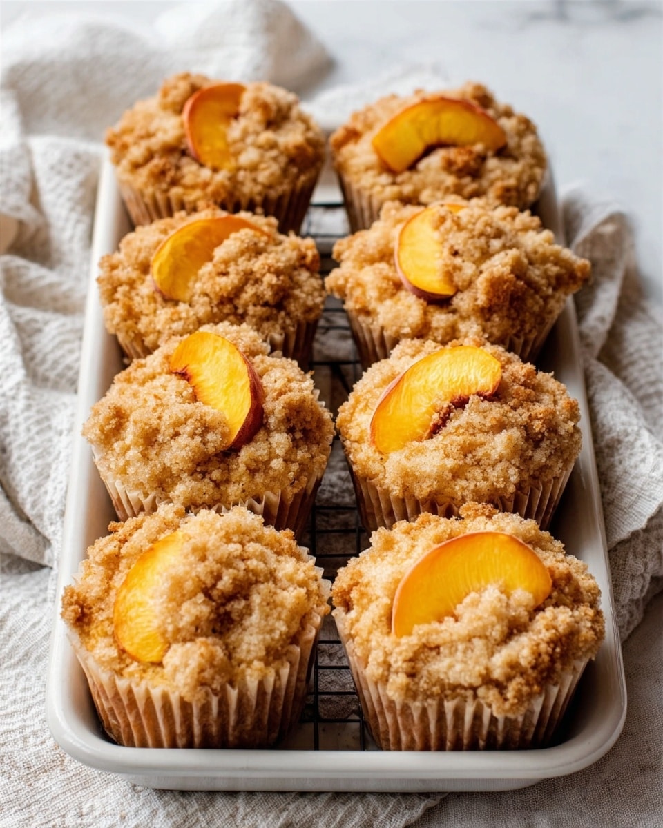 A white rectangular baking tray filled with a dozen freshly baked peach crumb muffins, each topped generously with a golden crumbly streusel and vibrant peach slices, arranged neatly with rustic paper liners under warm natural lighting. The muffins appear perfectly risen with a slightly crunchy texture on top, set on a pristine white marble background, styled professionally like a food magazine hero shot, photo taken with an iphone --ar 4:5 --v 7