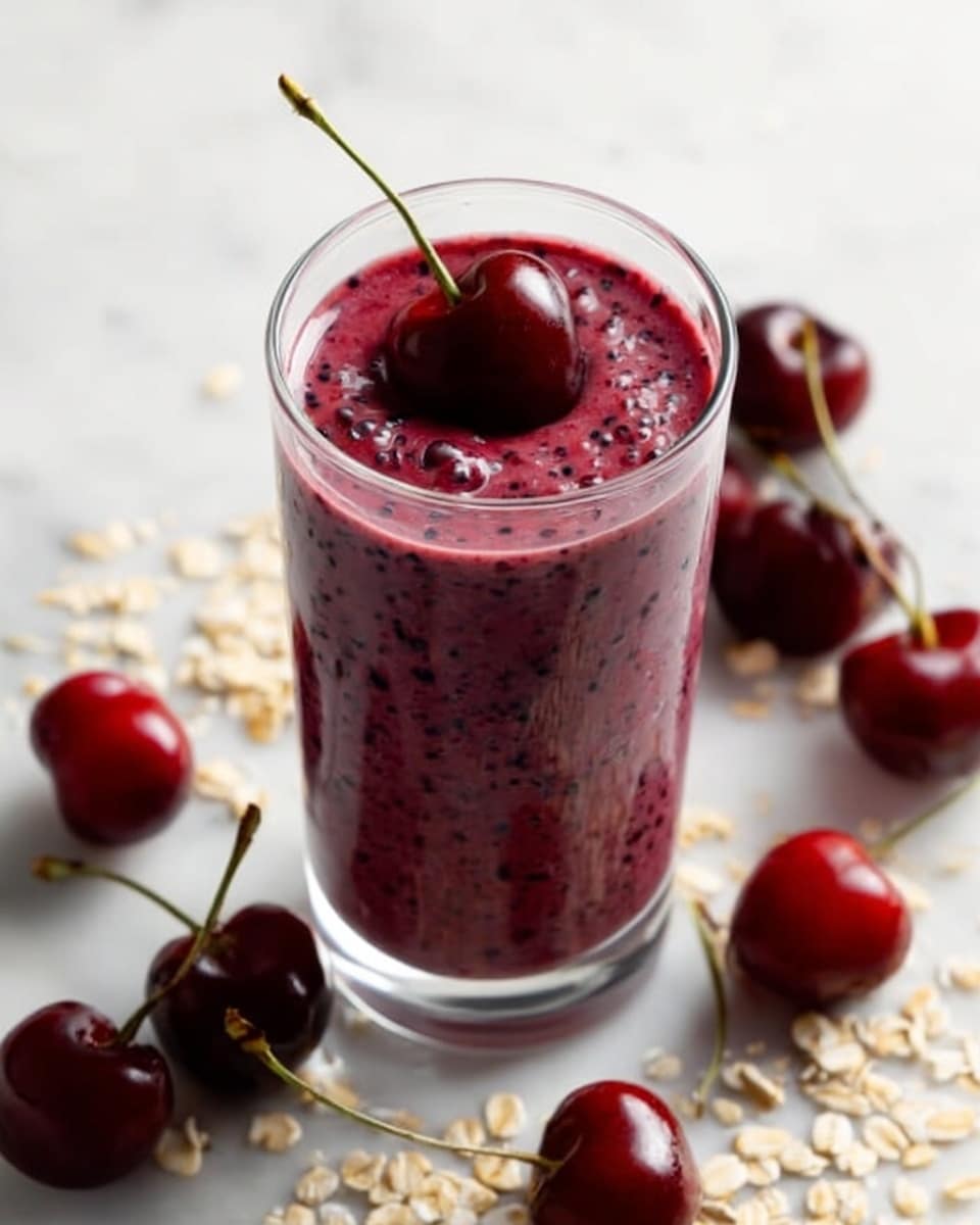 Tall clear glass filled with a whole cherry and mixed berry smoothie, richly blended with vibrant red and purple hues, topped with a glossy whole cherry with stem, surrounded by fresh whole cherries and scattered rolled oats on a white marble surface, natural lighting highlighting the smooth texture, professional 3/4 angle food magazine style photo taken with an iphone --ar 4:5 --v 7