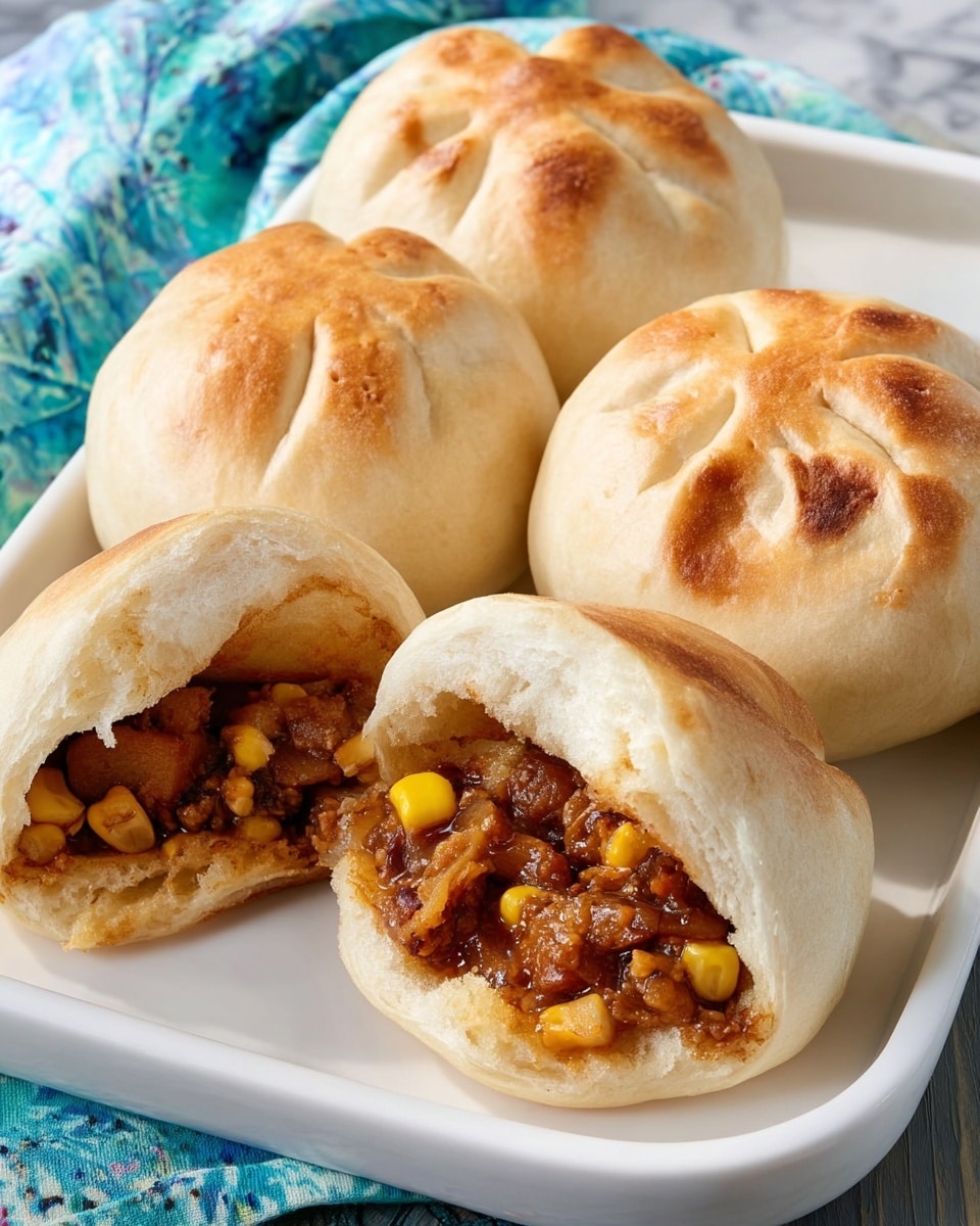 A white rectangular platter neatly arranged with four plump, golden-baked stuffed buns, showing their soft, fluffy exterior with subtle browning, each perfectly shaped with a slightly pinched top; the buns are filled with a savory mixture of caramelized onions, tender chunks of meat, and sweet corn kernels visible through an open bun to hint at the hearty filling inside, placed on a white marble surface with natural lighting highlighting the textures, styled like a hero shot from a food magazine, photo taken with an iphone --ar 4:5 --v 7