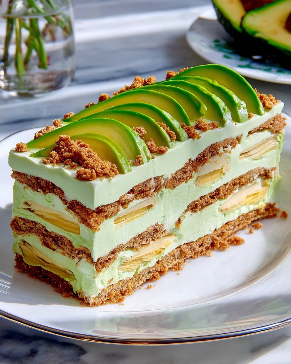 Whole rectangular layered avocado icebox cake displayed on a large white plate, featuring multiple layers of creamy avocado mousse alternated with thin crisp cookie sheets, topped with elegantly fanned fresh avocado slices and scattered crunchy cookie crumbles. The entire uncut dessert is styled on a white marble countertop with natural lighting, captured from a professional 3/4 angle for a food magazine hero shot. photo taken with an iphone --ar 4:5 --v 7