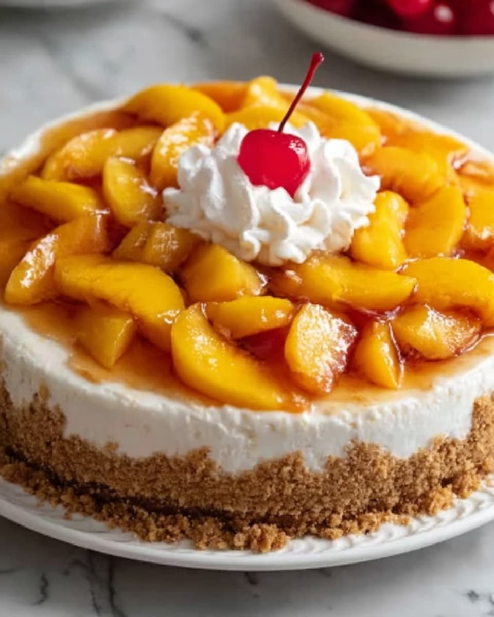 A whole, uncut round peach cheesecake presented on a white serving plate, featuring a thick, crumbly golden-brown graham cracker crust, a smooth and creamy white cheesecake layer topped generously with glossy peach slices arranged in a neat circular pattern, finished with a dollop of whipped cream and a single bright red cherry in the center, all photographed from a 3/4 angle on a white marble background with natural lighting, styled to highlight the dessert’s rich textures and vibrant colors, photo taken with an iphone --ar 4:5 --v 7
