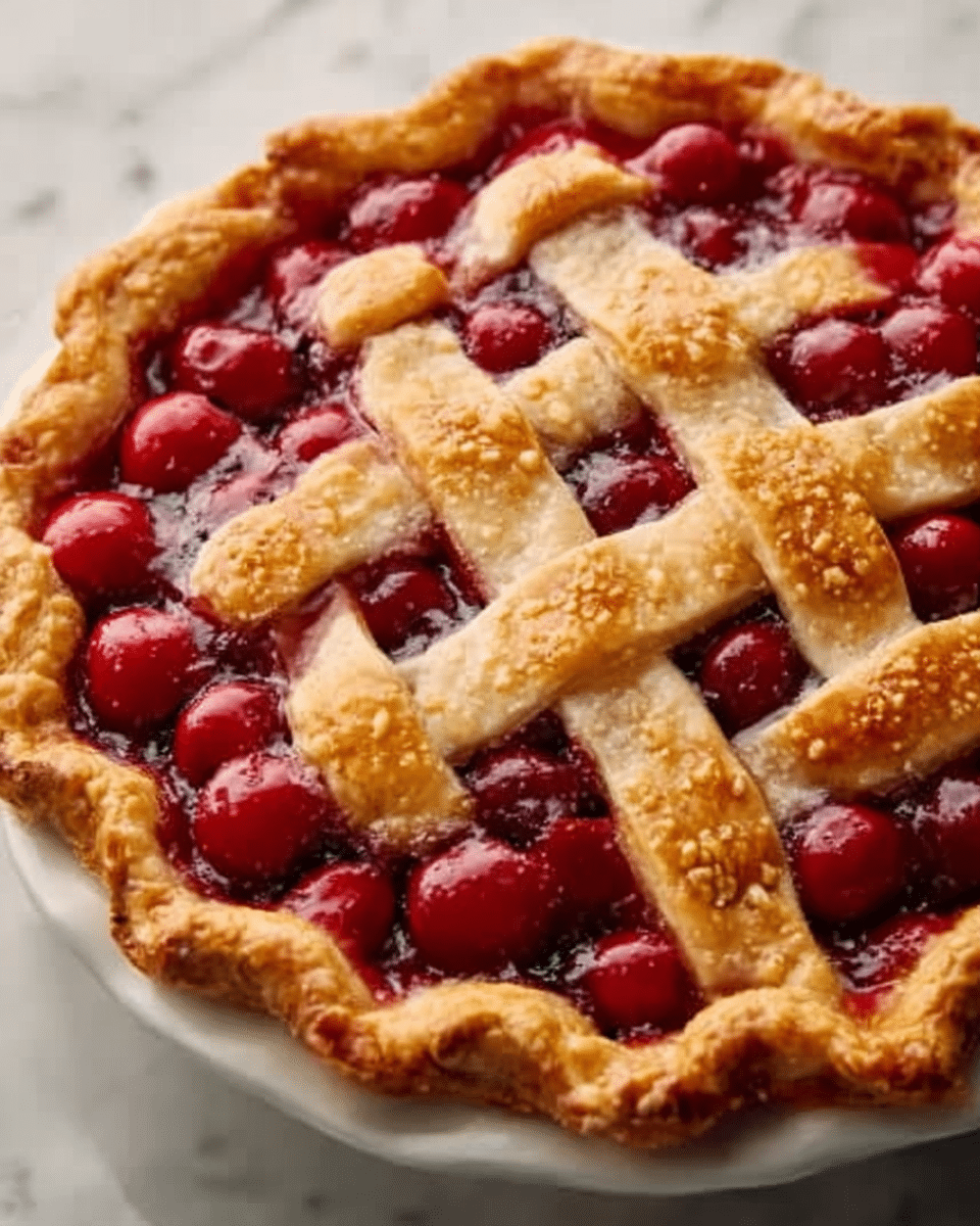 A whole classic cherry pie presented in a round, fluted-edge pie crust with a golden-brown lattice top, showcasing bright red cherries baked to perfection beneath a lightly glazed and perfectly browned crust, placed on a white plate against a white marble background, natural lighting highlighting the shiny fruit and flaky crust, styled like an editorial hero shot from a food magazine, photo taken with an iphone --ar 4:5 --v 7